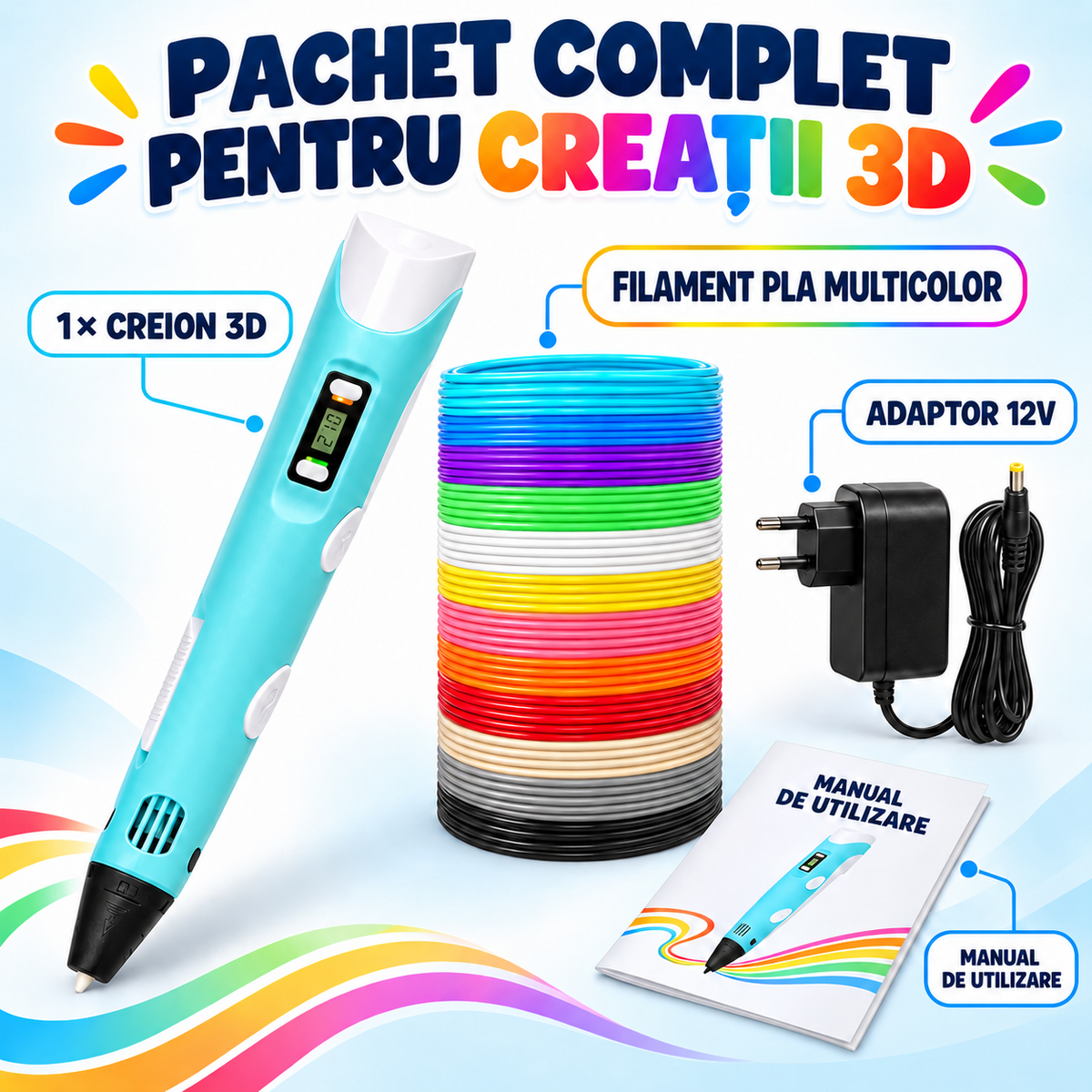 Creion-Stilou Inteligent 3D cu Afișaj și Filamente pentru Desenat în Spațiu, Duză 0,7mm, Temperatură Reglabilă 160-230°C și Filament PLA 120m Inclus, 12V
