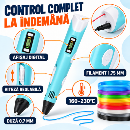 Creion-Stilou Inteligent 3D cu Afișaj și Filamente pentru Desenat în Spațiu, Duză 0,7mm, Temperatură Reglabilă 160-230°C și Filament PLA 120m Inclus, 12V