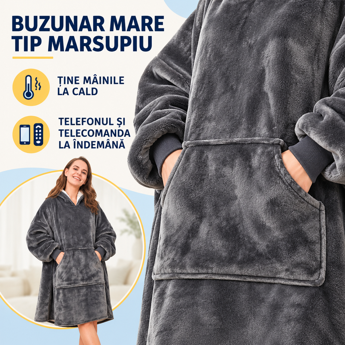 Hanorac-Pătură cu Blăniță, foarte Pufos și Călduros, cu Glugă și Buzunare, pentru Bărbați și Femei, mărime Universală