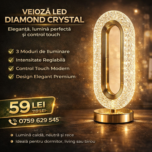 Veioză LED Diamond Crystal, 3 Moduri Iluminare (Cald/Rece/Neutru), Intensitate Reglabilă, Control Touch