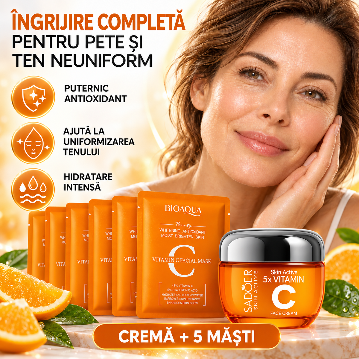 Pachet Anti-Pete Pigmentare: Cremă 5X Vitamina C, Albire și Revitalizare, 50g + Set 5 Măști cu Vitamina C