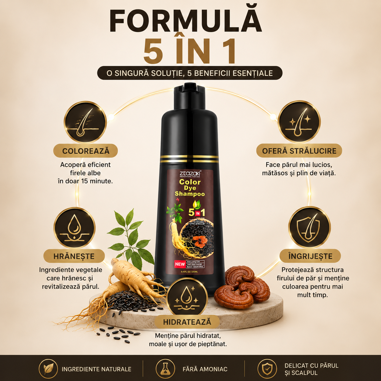 Șampon Nuanțator 5-în-1, cu Plante Naturale, Colorează, Îngrijește și Hrănește Părul, Acoperă Efiecient Firele Albe, ideal pentru Femei și Bărbați, 250ml