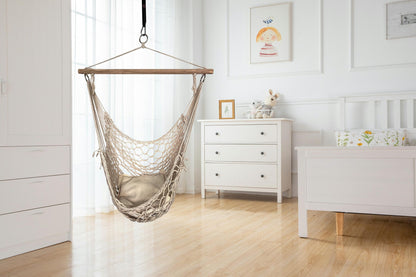 Leagăn Suspendabil tip Hamac cu Scaun foarte Confortabil, Dimensiune 100x120cm, foarte Rezistent (120Kg), din Bumbac și Țesătură Macrame