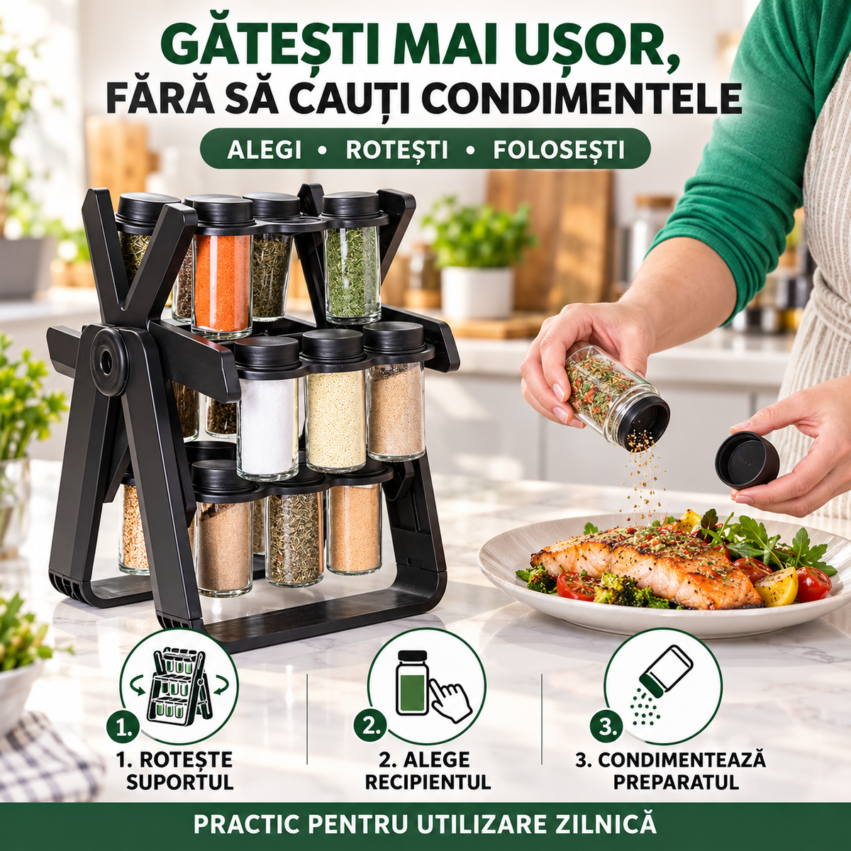 Organizator Condimente cu 18 Borcane și Suport Rotativ la 360°
