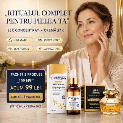 Pachet Îngrijire Ten: Cremă 24K Golden Collagen + Ser Facial Collagen, DUO Anti-Îmbătrânire, Anti-Riduri, Redare Aspect Tânăr și Fermitatea Tenului