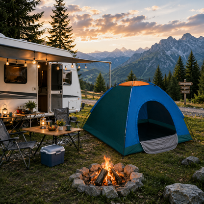 Cort Camping pentru 3-4 Persoane (Dimensiuni 200x200x135cm), Foarte Solid și Rezistent la Intemperii, Impermeabil, Protecție UV, Plasă Anti-Insecte, Geantă Transport