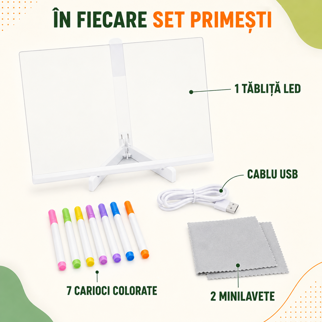 1+1 GRATIS | Set Tăbliță LED cu Suport pentru Desenat sau Scris Mesaje, Reutilizabilă, cu 7 Carioci și Lavete pentru Șters, ideală pentru Copii (Desenat, Scris, Pictat) sau pentru Adulți (Notițe, Memo, Mesaje), Dimensiune 30x20cm, Alimentare USB