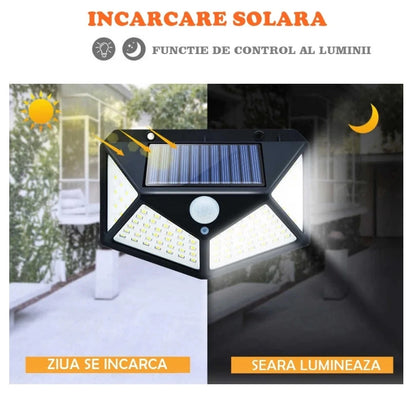 Lămpi Solare cu 100 LED-uri, 3 Moduri Iluminare, Senzor de Mișcare, Rezistență la Ploaie (IP65), Mod Automat Noapte, Unghi Mare de Iluminare 270 Grade