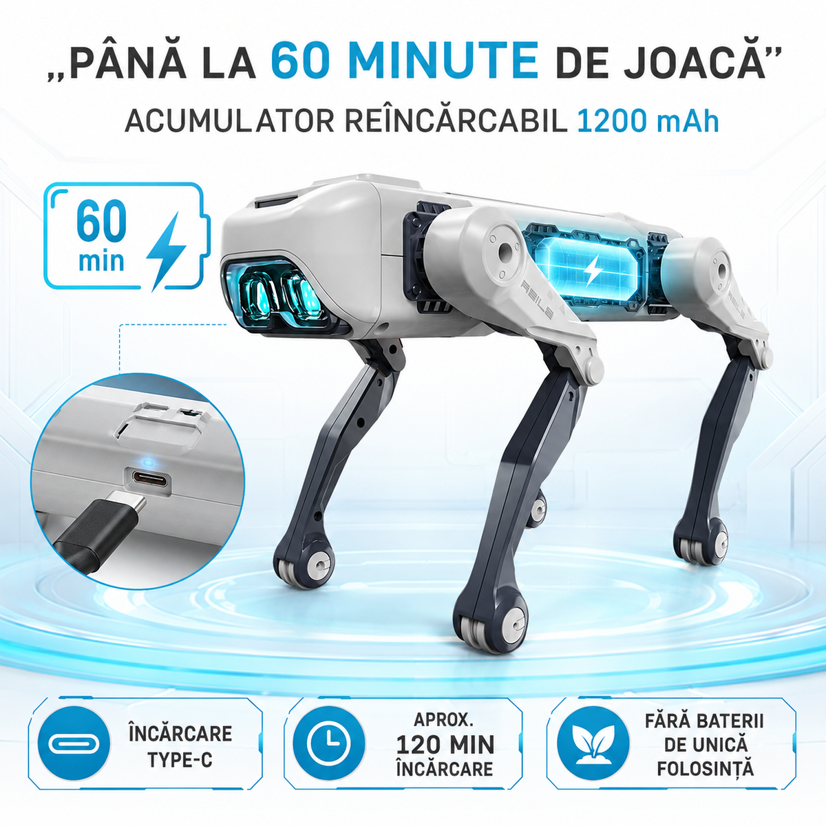 Robot Câine Inteligent, Programabil, Control prin Telecomandă, Aplicație sau Comenzi Vocale, 20+ Funcții Interactive (Muzică, Dans, Lumini LED, Imită Înotul, Stă în 2 Labe, etc.)