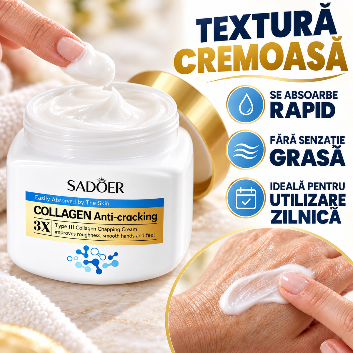 (1+1 GRATIS) Cremă Anti-Crăpături pentru Mâini și Picioare cu Colagen 3X, Hidratare Intensă și Regenerare, 2 x 300g