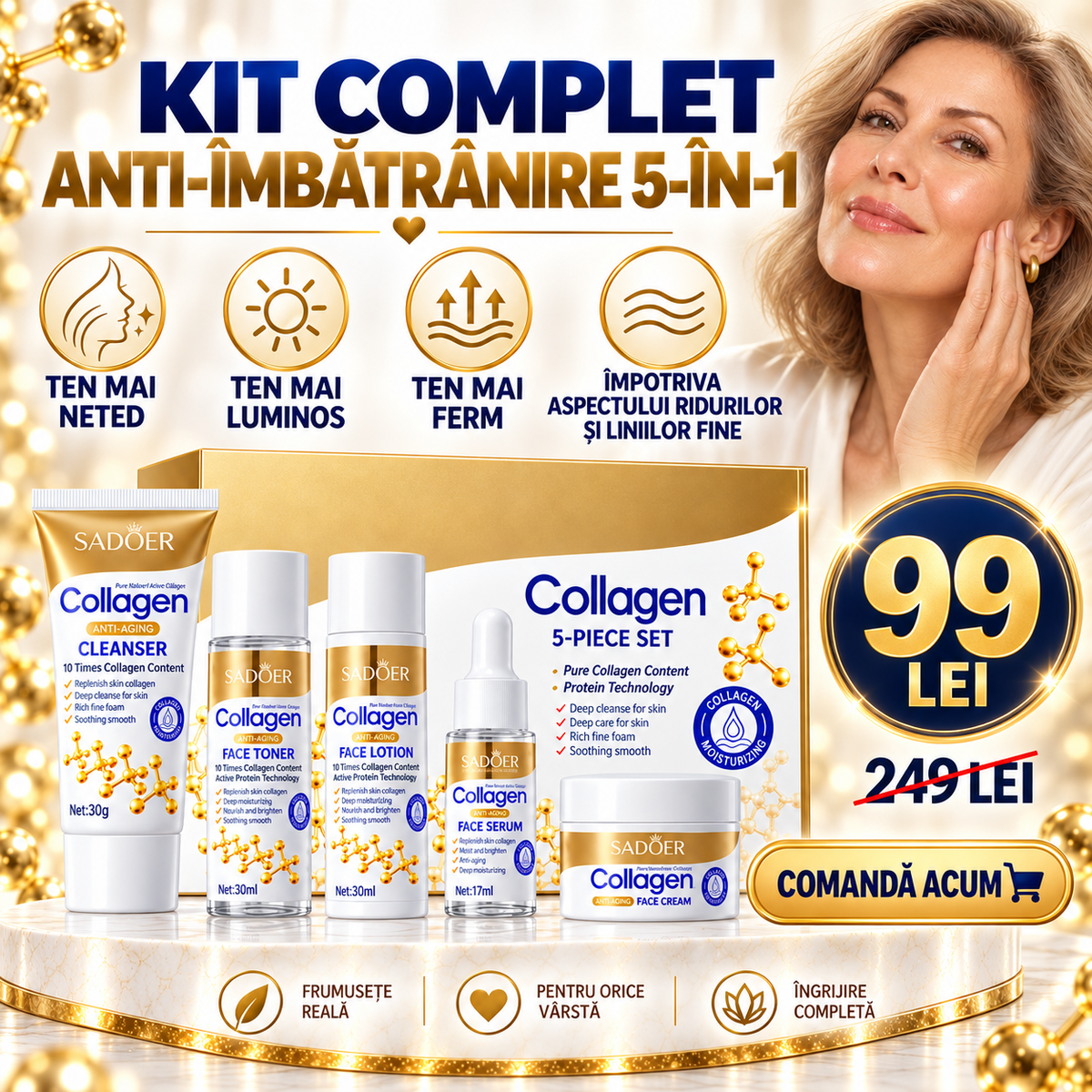 Set Îngrijire Ten cu Colagen Hidrolizat 5-în-1 (Gel de Curățare, Tonic, Loțiune, Ser și Cremă de Față) - Hidratare Intensă și Efect Anti-Îmbătrânire