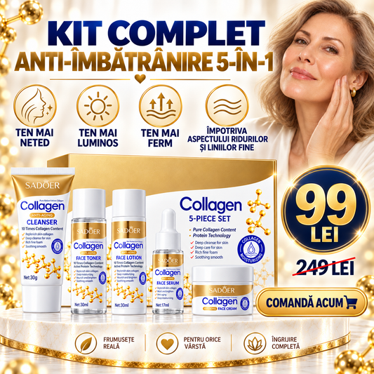 Set Îngrijire Ten cu Colagen Hidrolizat 5-în-1 (Gel de Curățare, Tonic, Loțiune, Ser și Cremă de Față) - Hidratare Intensă și Efect Anti-Îmbătrânire