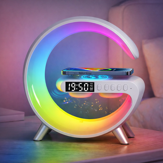 Lampă LED Smart cu Încărcător Wireless, Ceas cu Alarmă, Difuzoare, Radio FM, Bluetooth, Control în Aplicație, Lumini Reglabile,