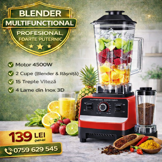 Blender Multifuncțional Profesional cu 2 Cupe, Motor foarte Puternic (4500W), 15 Trepte de Viteză, 4 Lame din Inox 3D