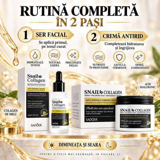 Pachet Îngrijire Ten: Cremă Anti-Rid cu Colagen de Melc și Acid Hialuronic (120g)+ Ser Facial cu Colagen de Melc și Acid Hialuronic (50ml), DUO Anti-Îmbătrânire, Anti-Riduri, Redă Fermitate și Aspectul Tânăr al Tenului