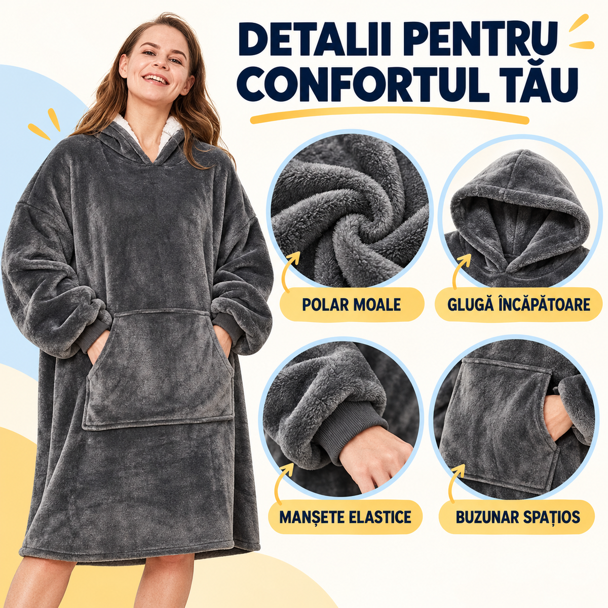 Hanorac-Pătură cu Blăniță, foarte Pufos și Călduros, cu Glugă și Buzunare, pentru Bărbați și Femei, mărime Universală