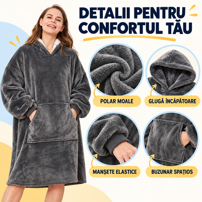 Hanorac-Pătură cu Blăniță, foarte Pufos și Călduros, cu Glugă și Buzunare, pentru Bărbați și Femei, mărime Universală