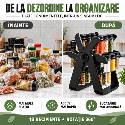 Organizator Condimente cu 18 Borcane și Suport Rotativ la 360°