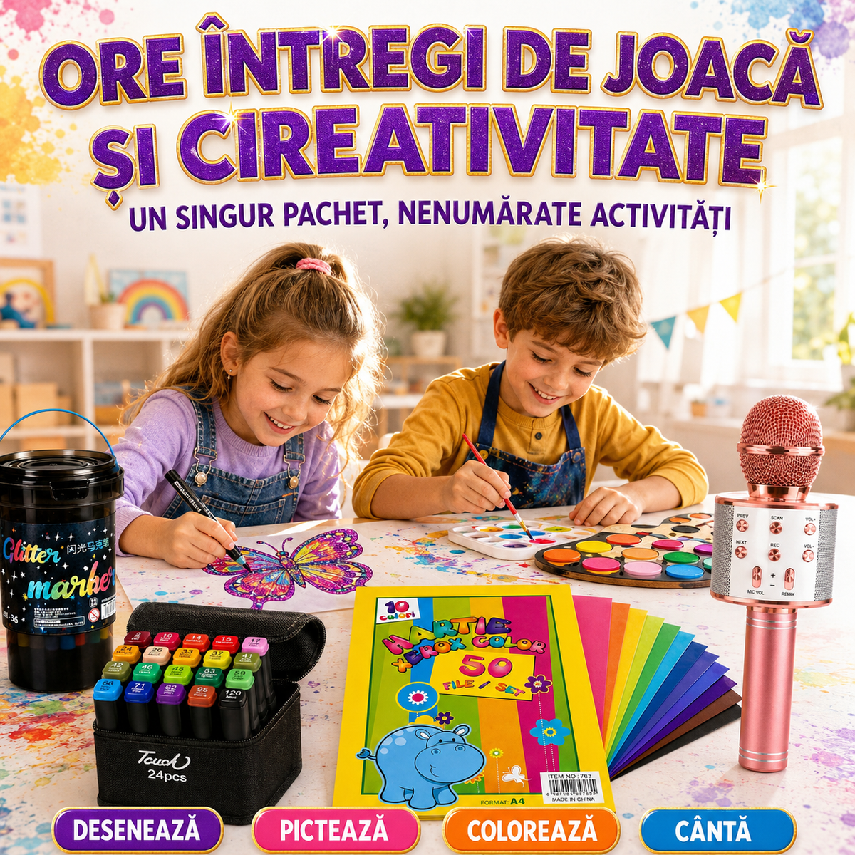 Pachetul Micului Artist cu 113 Piese: Microfon Wireless cu Boxă pentru Karaoke (Bluetooth si Radio) + Set 36 Markere Glitter cu Sclipici + Set 24 Markere cu 2 Capete și Gentuță + Set 12 Acuarele cu Pensulă + Set 50 Coli A4 pentru Desenat sau Decupat