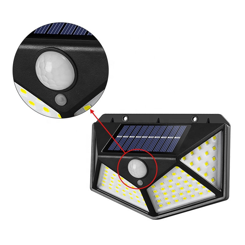 Lămpi Solare cu 100 LED-uri, 3 Moduri Iluminare, Senzor de Mișcare, Rezistență la Ploaie (IP65), Mod Automat Noapte, Unghi Mare de Iluminare 270 Grade