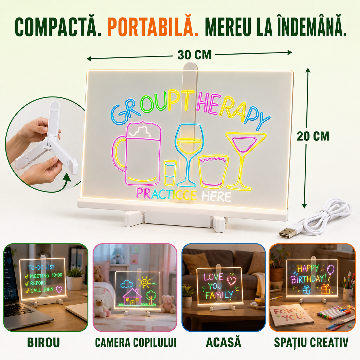 1+1 GRATIS | Set Tăbliță LED cu Suport pentru Desenat sau Scris Mesaje, Reutilizabilă, cu 7 Carioci și Lavete pentru Șters, ideală pentru Copii (Desenat, Scris, Pictat) sau pentru Adulți (Notițe, Memo, Mesaje), Dimensiune 30x20cm, Alimentare USB