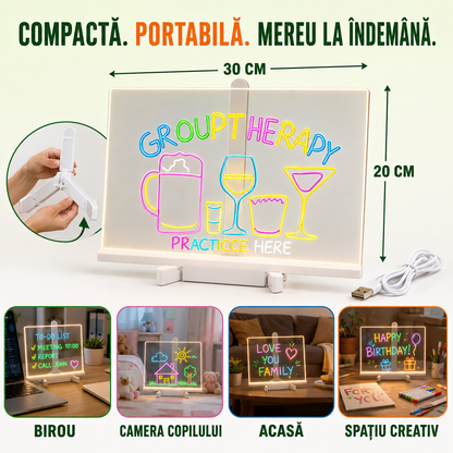 1+1 GRATIS | Set Tăbliță LED cu Suport pentru Desenat sau Scris Mesaje, Reutilizabilă, cu 7 Carioci și Lavete pentru Șters, ideală pentru Copii (Desenat, Scris, Pictat) sau pentru Adulți (Notițe, Memo, Mesaje), Dimensiune 30x20cm, Alimentare USB