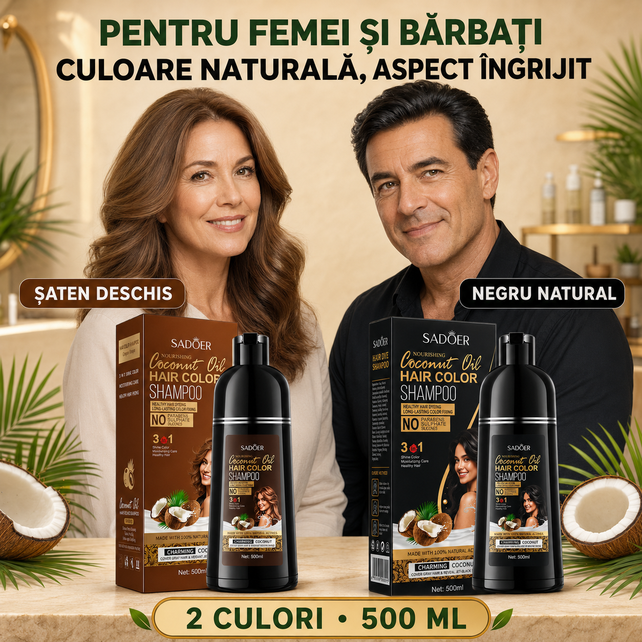 Pachet Îngrijire Păr: Șampon Nuanțator 3-în-1, cu Ulei de Cocos, 500ml + Șampon Esență Anti-Cădere și Refacere Păr, cu Ghimbir, 500ml