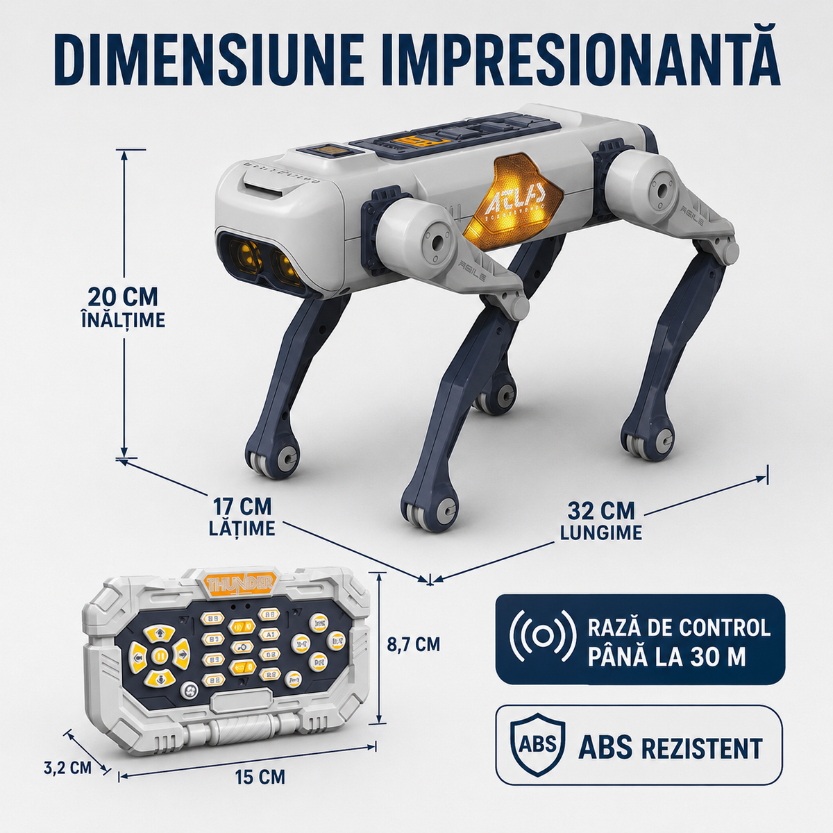 Robot Câine Inteligent, Programabil, Control prin Telecomandă, Aplicație sau Comenzi Vocale, 20+ Funcții Interactive (Muzică, Dans, Lumini LED, Imită Înotul, Stă în 2 Labe, etc.)