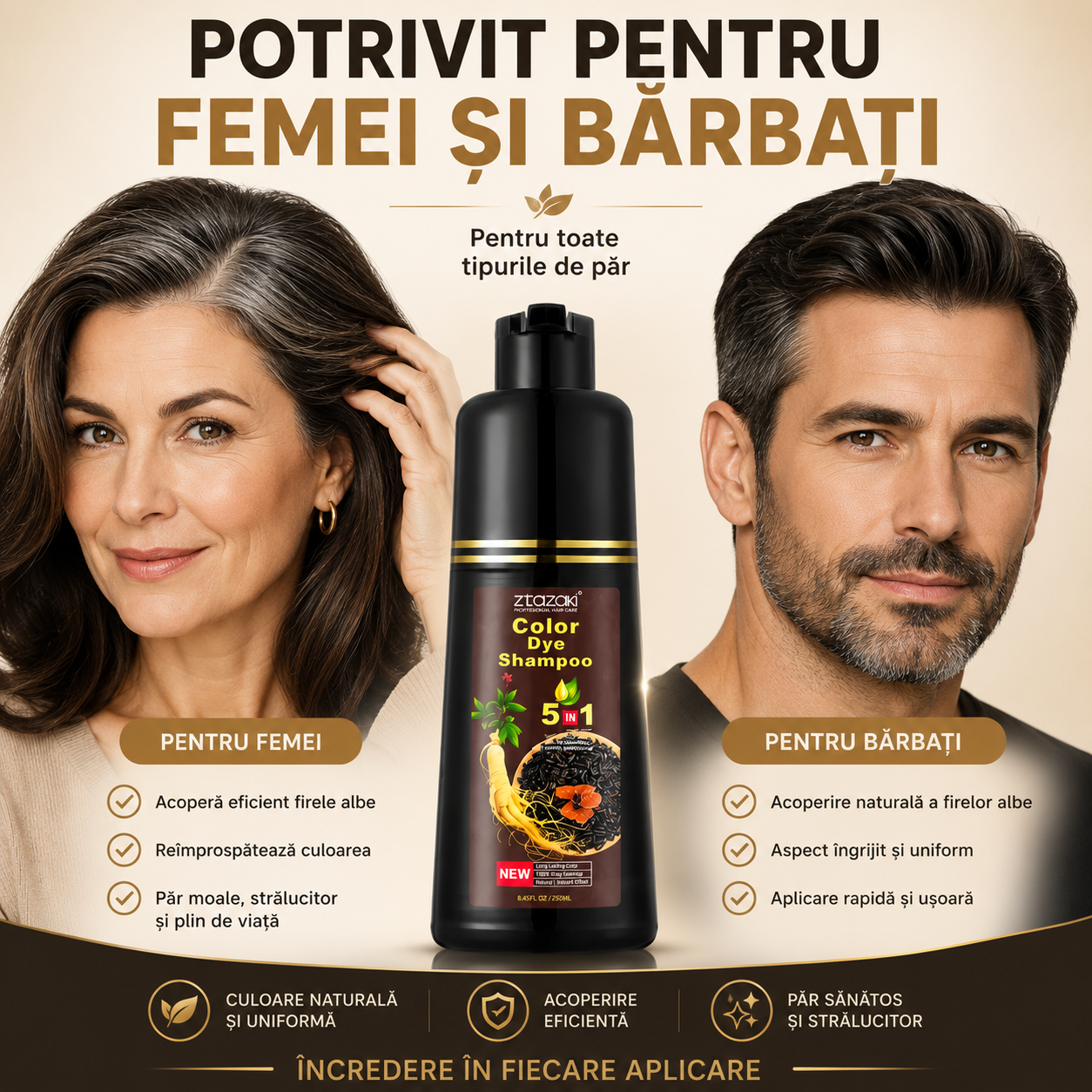 Șampon Nuanțator 5-în-1, cu Plante Naturale, Colorează, Îngrijește și Hrănește Părul, Acoperă Efiecient Firele Albe, ideal pentru Femei și Bărbați, 250ml
