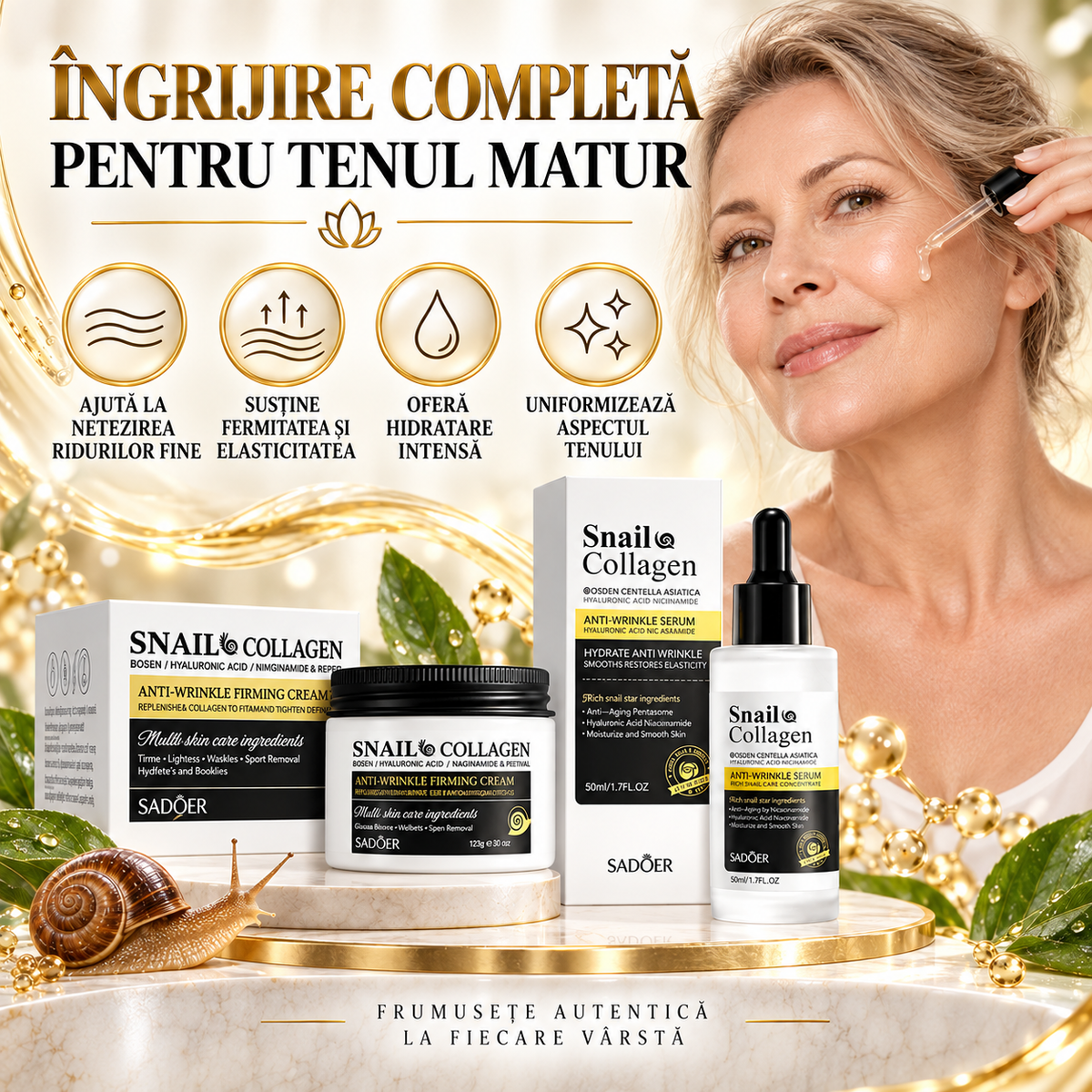 Pachet Îngrijire Ten: Cremă Anti-Rid cu Colagen de Melc și Acid Hialuronic (120g)+ Ser Facial cu Colagen de Melc și Acid Hialuronic (50ml), DUO Anti-Îmbătrânire, Anti-Riduri, Redă Fermitate și Aspectul Tânăr al Tenului