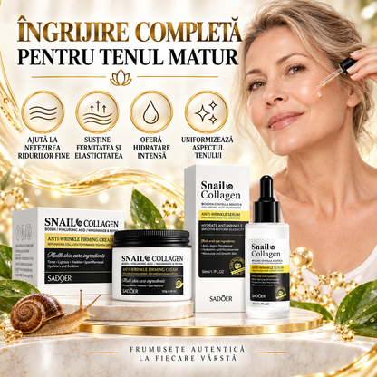 Pachet Îngrijire Ten: Cremă Anti-Rid cu Colagen de Melc și Acid Hialuronic (120g)+ Ser Facial cu Colagen de Melc și Acid Hialuronic (50ml), DUO Anti-Îmbătrânire, Anti-Riduri, Redă Fermitate și Aspectul Tânăr al Tenului