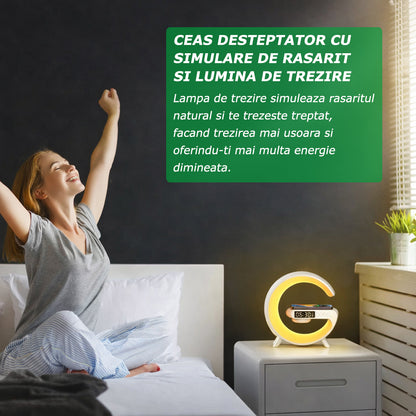 Lampă LED Smart cu Încărcător Wireless, Ceas cu Alarmă, Difuzoare, Radio FM, Bluetooth, Control în Aplicație, Lumini Reglabile,