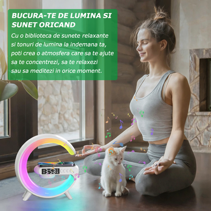Lampă LED Smart cu Încărcător Wireless, Ceas cu Alarmă, Difuzoare, Radio FM, Bluetooth, Control în Aplicație, Lumini Reglabile,