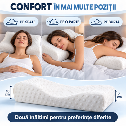 Pernă Ortopedică cu Spumă Memorie, Suport Ergonomic Gât, Umeri și Spate, Ideală pentru Orice Poziție de Somn, 50x29x10/7cm, Albă