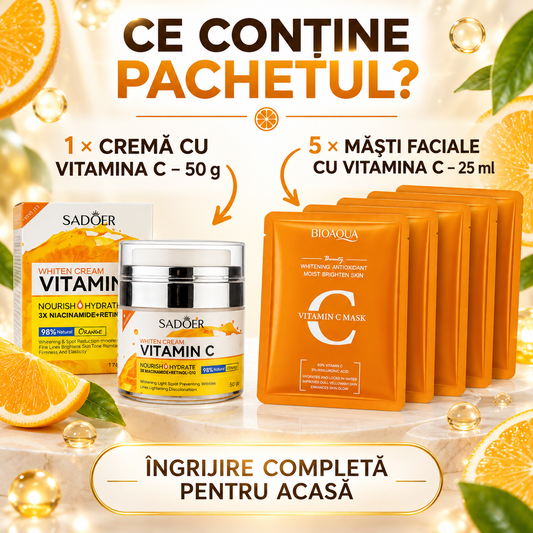 Duo Pete Pigmentare: Cremă Iluminatoare cu Vitamina C, Niacinamidă, Retinol și Q10 (98% Natural, 50g) + Set 5 Măști cu Vitamina C