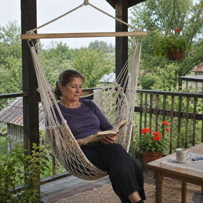 Leagăn Suspendabil tip Hamac cu Scaun foarte Confortabil, Dimensiune 100x120cm, foarte Rezistent (120Kg), din Bumbac și Țesătură Macrame