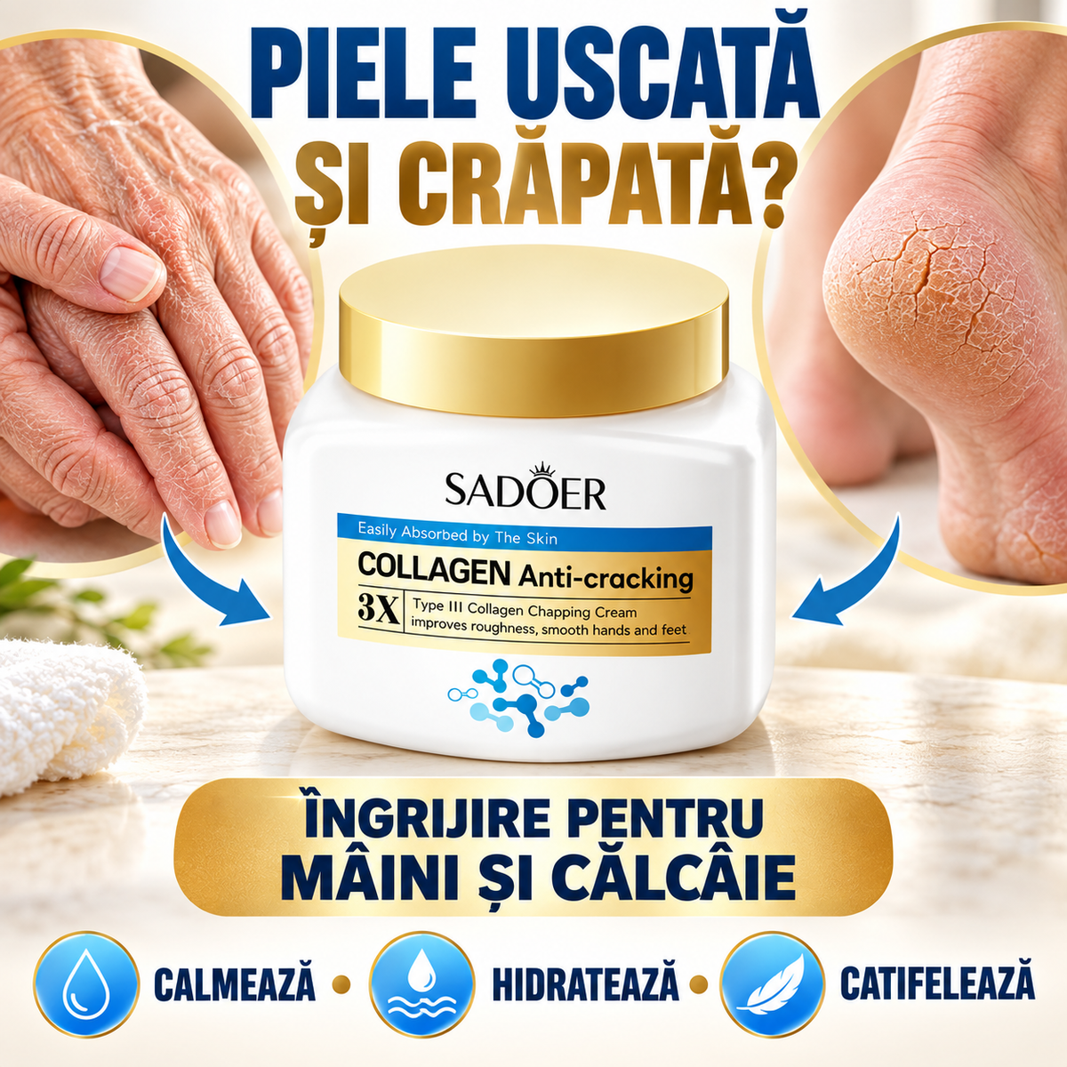 (1+1 GRATIS) Cremă Anti-Crăpături pentru Mâini și Picioare cu Colagen 3X, Hidratare Intensă și Regenerare, 2 x 300g
