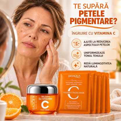 Pachet Anti-Pete Pigmentare: Cremă 5X Vitamina C, Albire și Revitalizare, 50g + Set 5 Măști cu Vitamina C