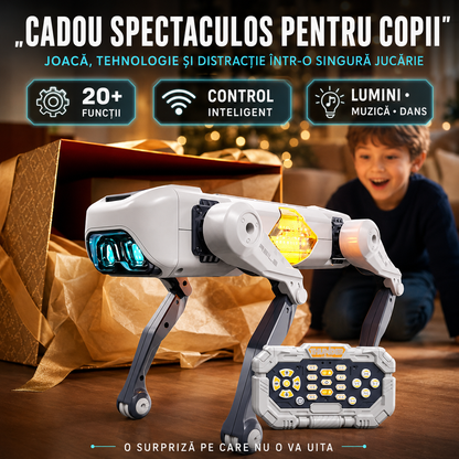 Robot Câine Inteligent, Programabil, Control prin Telecomandă, Aplicație sau Comenzi Vocale, 20+ Funcții Interactive (Muzică, Dans, Lumini LED, Imită Înotul, Stă în 2 Labe, etc.)