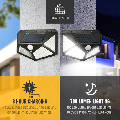 Lămpi Solare cu 100 LED-uri, 3 Moduri Iluminare, Senzor de Mișcare, Rezistență la Ploaie (IP65), Mod Automat Noapte, Unghi Mare de Iluminare 270 Grade