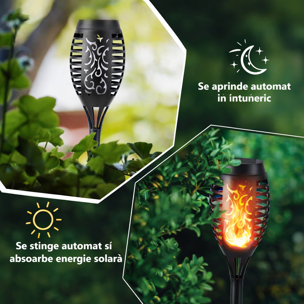 Set 8 Lămpi Solare pentru Grădină, cu Efect de Flacără (foarte Spectaculoase), Înălțime 51.5 cm, Rezistență la Ploaie (IP65), Mod Automat Noapte/Zi