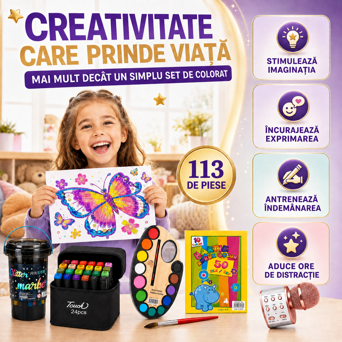 Pachetul Micului Artist cu 113 Piese: Microfon Wireless cu Boxă pentru Karaoke (Bluetooth si Radio) + Set 36 Markere Glitter cu Sclipici + Set 24 Markere cu 2 Capete și Gentuță + Set 12 Acuarele cu Pensulă + Set 50 Coli A4 pentru Desenat sau Decupat