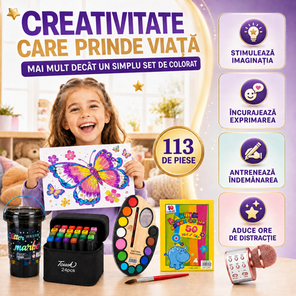 Pachetul Micului Artist cu 113 Piese: Microfon Wireless cu Boxă pentru Karaoke (Bluetooth si Radio) + Set 36 Markere Glitter cu Sclipici + Set 24 Markere cu 2 Capete și Gentuță + Set 12 Acuarele cu Pensulă + Set 50 Coli A4 pentru Desenat sau Decupat