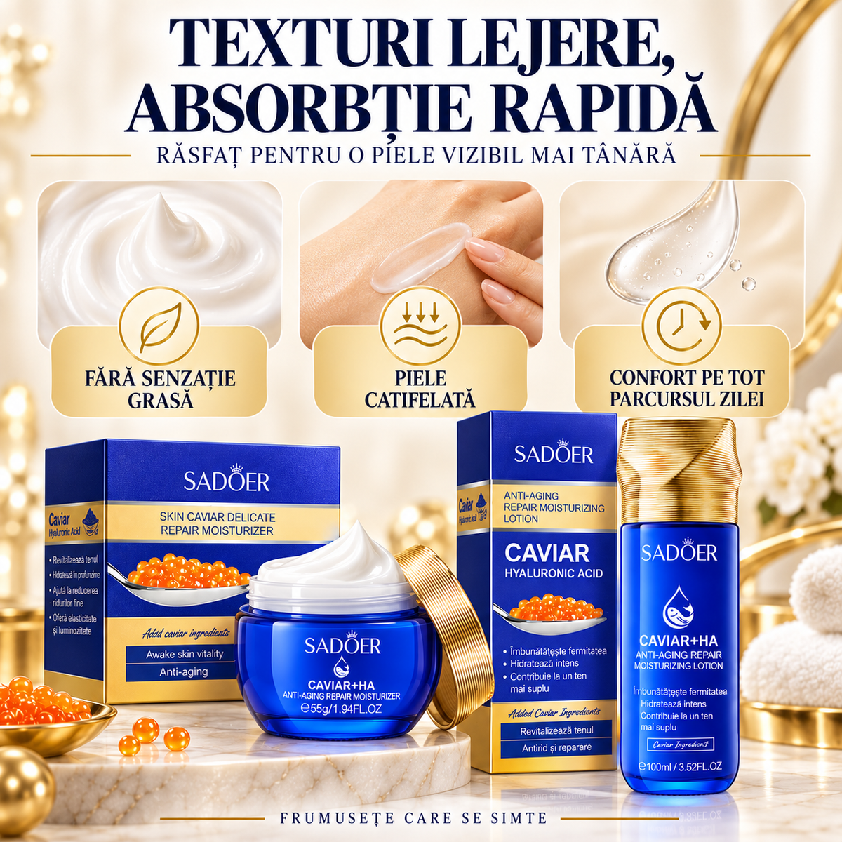 Pachet Îngrijire Ten: Cremă Antirid 55g cu Caviar și Acid Hialuronic + Loțiune Hidratantă 100ml cu Caviar și Acid Hialuronic, DUO Anti-Îmbătrânire, Anti-Riduri, Redă Fermitate și Aspectul Tânăr al Tenului