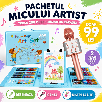 Pachetul Micului Artist: Set cu 208 Piese pentru Pictura, Desen, Arte Plastice + Microfon Wireless cu Boxă pentru Karaoke ( Bluetooth si Radio)