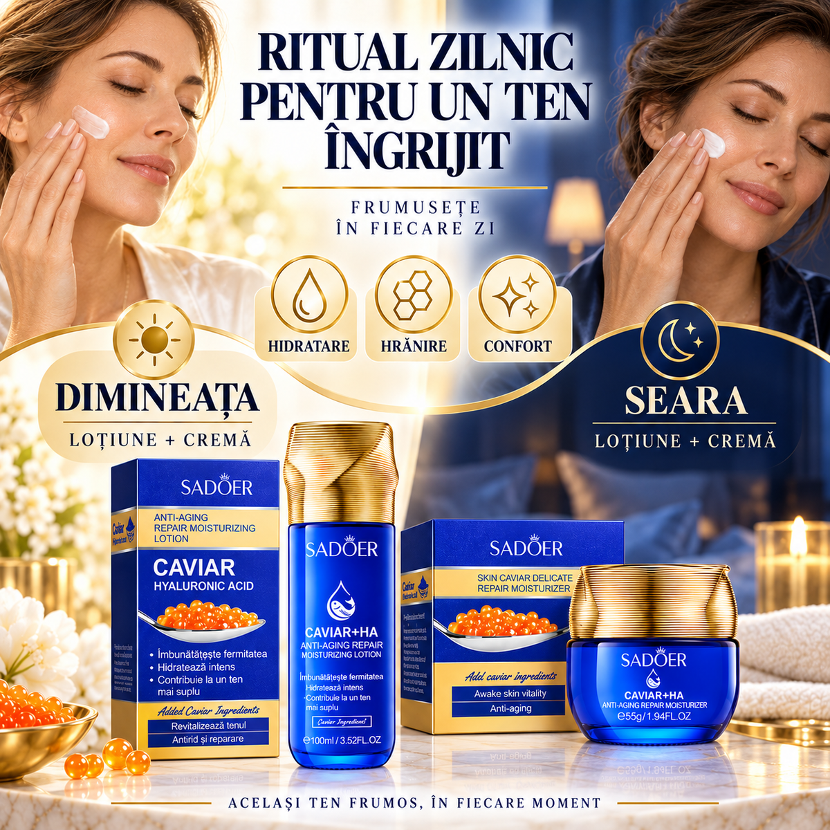 Pachet Îngrijire Ten: Cremă Antirid 55g cu Caviar și Acid Hialuronic + Loțiune Hidratantă 100ml cu Caviar și Acid Hialuronic, DUO Anti-Îmbătrânire, Anti-Riduri, Redă Fermitate și Aspectul Tânăr al Tenului