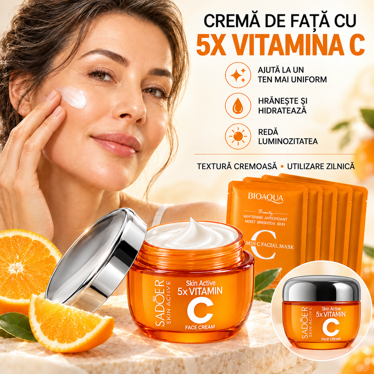 Pachet Anti-Pete Pigmentare: Cremă 5X Vitamina C, Albire și Revitalizare, 50g + Set 5 Măști cu Vitamina C