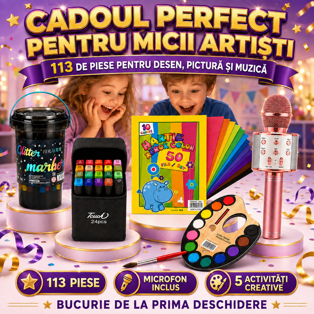 Pachetul Micului Artist cu 113 Piese: Microfon Wireless cu Boxă pentru Karaoke (Bluetooth si Radio) + Set 36 Markere Glitter cu Sclipici + Set 24 Markere cu 2 Capete și Gentuță + Set 12 Acuarele cu Pensulă + Set 50 Coli A4 pentru Desenat sau Decupat