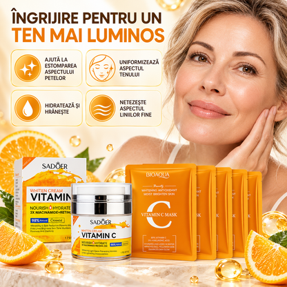 Duo Pete Pigmentare: Cremă Iluminatoare cu Vitamina C, Niacinamidă, Retinol și Q10 (98% Natural, 50g) + Set 5 Măști cu Vitamina C