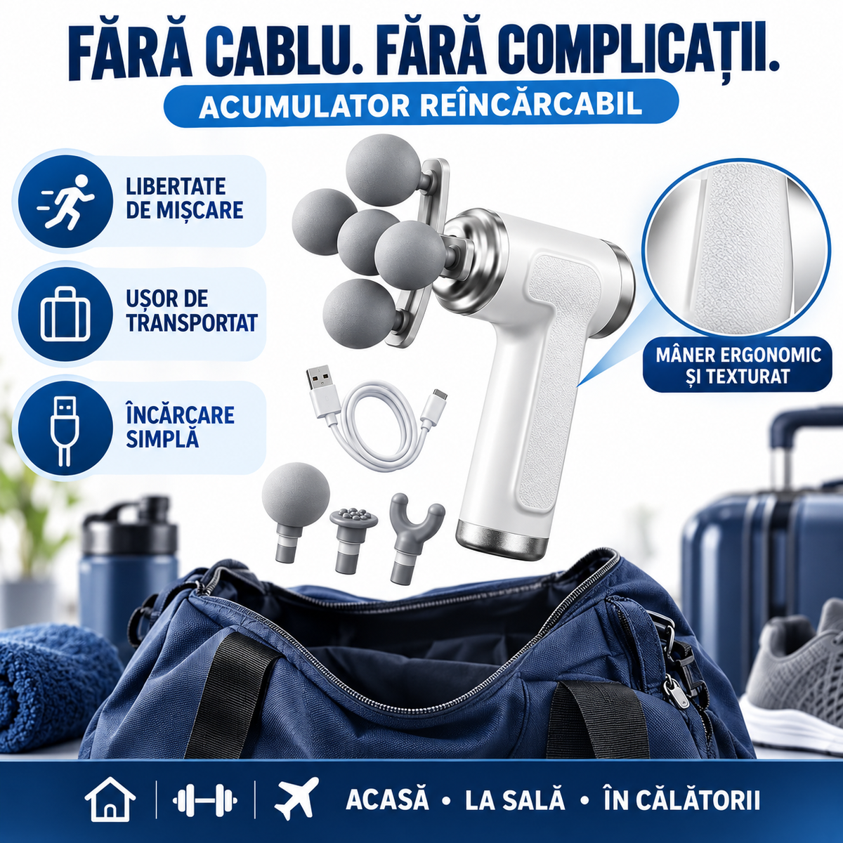 Pistol de Masaj Profesional cu 9 Capete Interschimbabile, Cap Special cu 5 Bile, 6 Trepte de Viteză și Acumulator Reîncărcabil